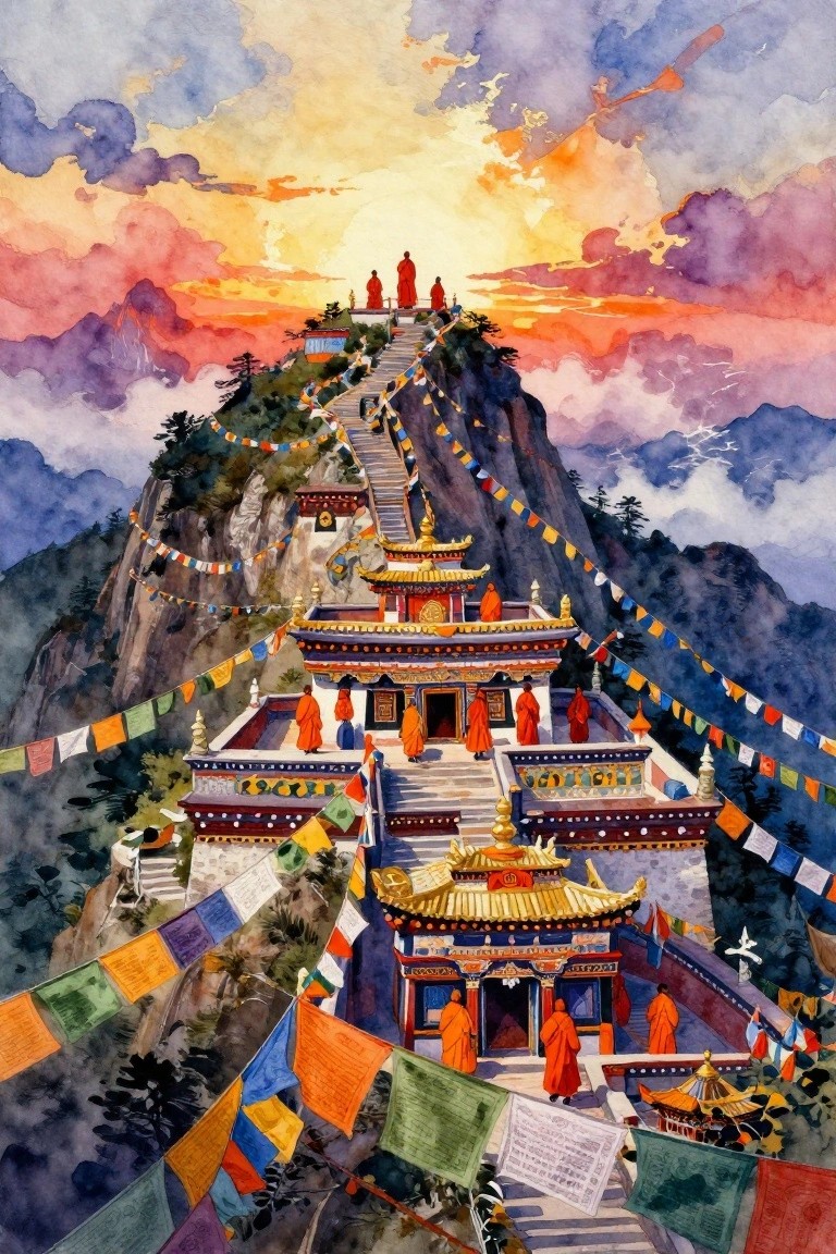Watercolor of orange-robed monks at mountain monastery with colorful prayer flags at sunset.