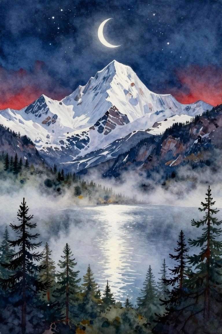 Watercolor night landscape of snowy mountains under crescent moon above misty pine lake.