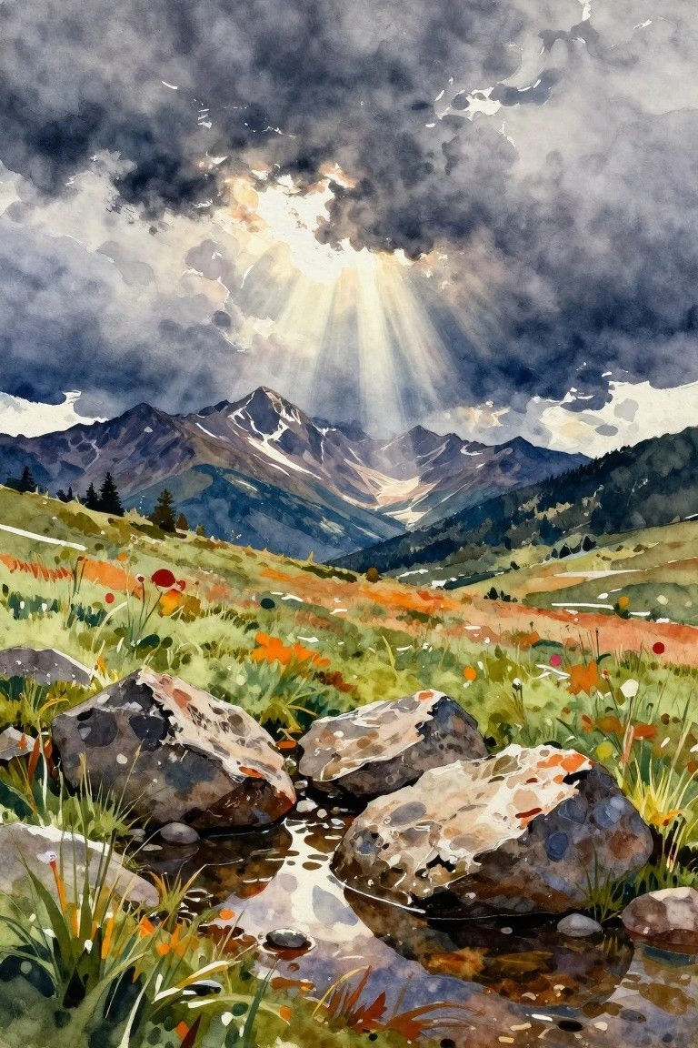 A watercolor painting of mountains under stormy clouds with sun rays shining down onto a meadow with rocks and a stream.