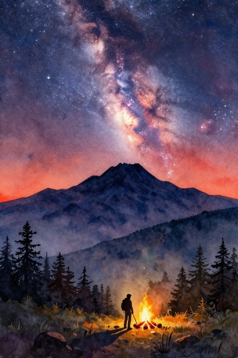 A watercolor painting of a person standing by a campfire in front of a mountain range under a colorful starry night sky with pine trees.