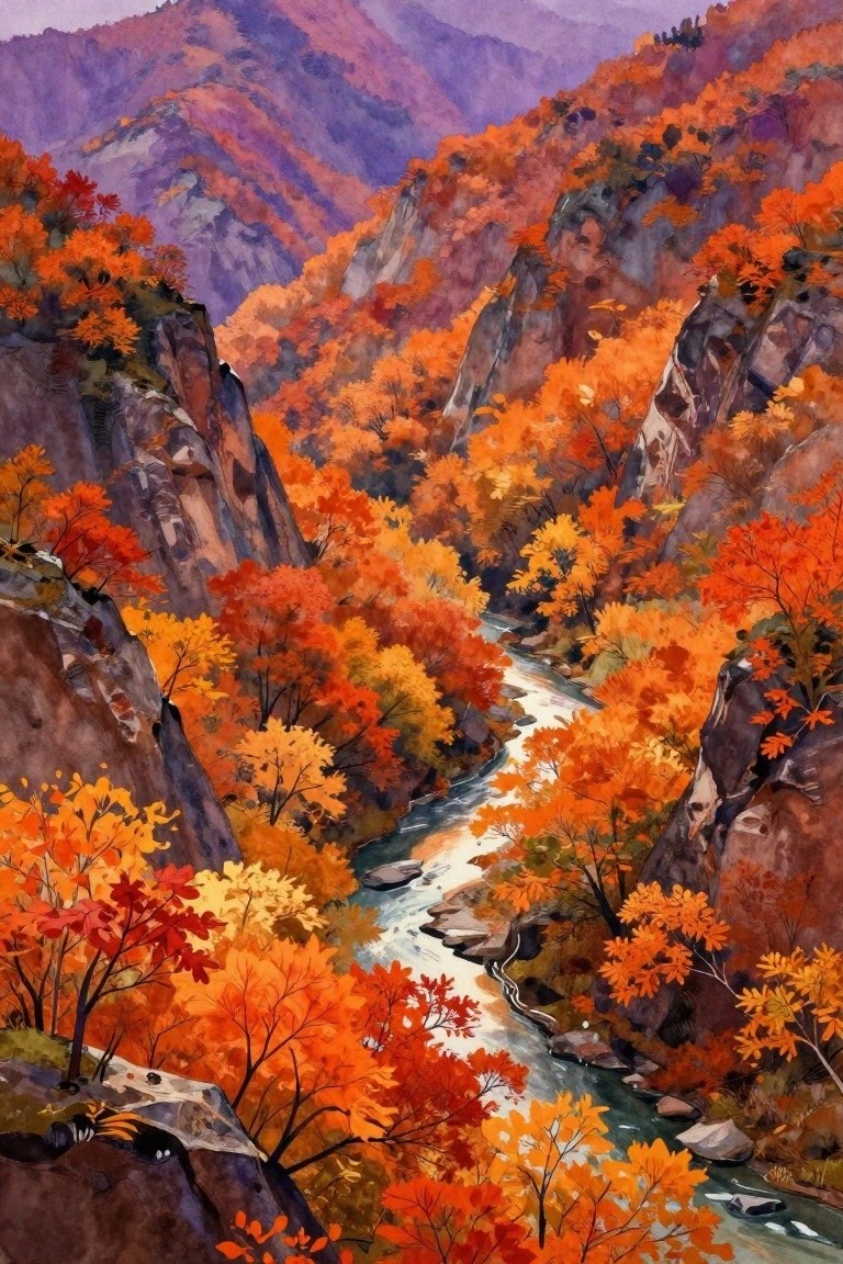 Winding river flows through steep cliffs covered in vibrant autumn foliage