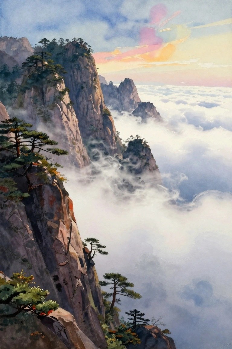 Watercolor of jagged peaks with pines rising above misty clouds at dawn