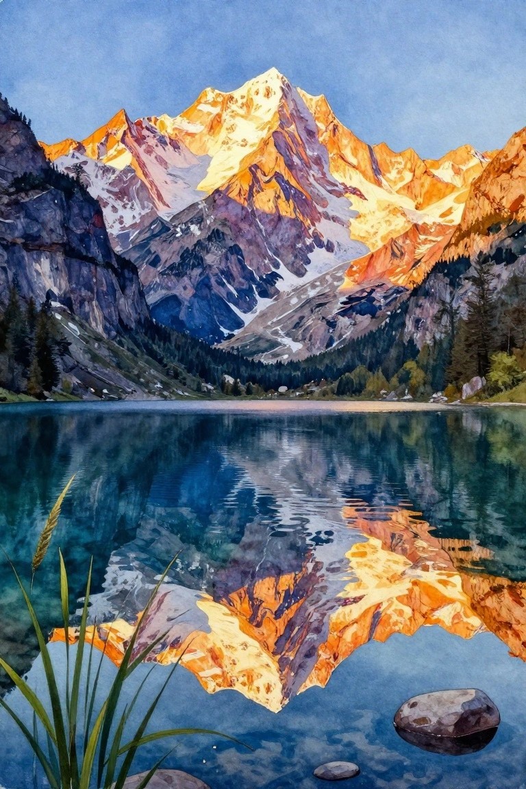 Watercolor of snow-capped peaks glowing orange at sunset, reflected in a calm alpine lake.