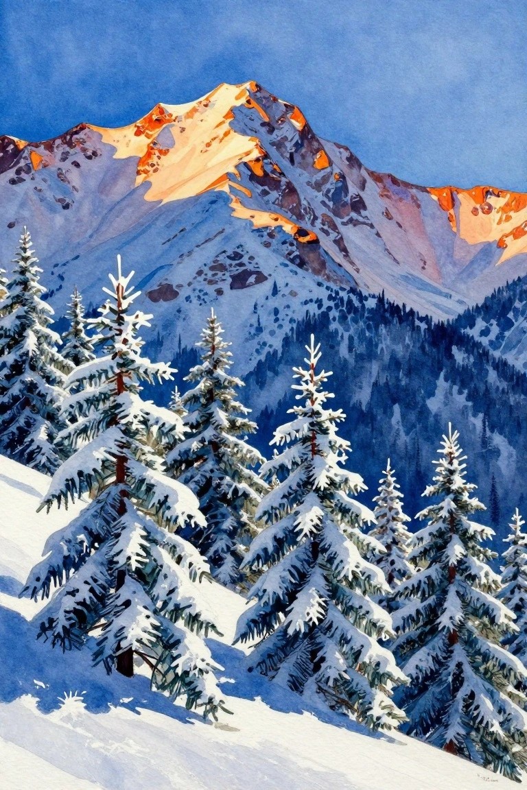 Watercolor of snow-covered pines before sunlit rocky mountain peaks under blue sky