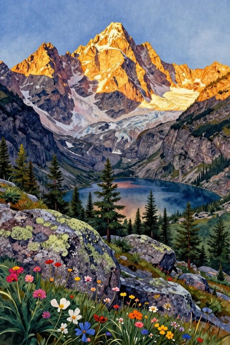 Watercolor landscape of golden mountains above a blue alpine lake ringed by wildflowers.
