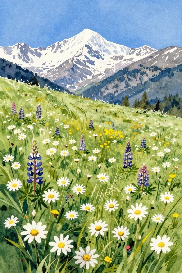 Watercolor of colorful wildflowers blooming in a meadow with snowy mountain peaks.