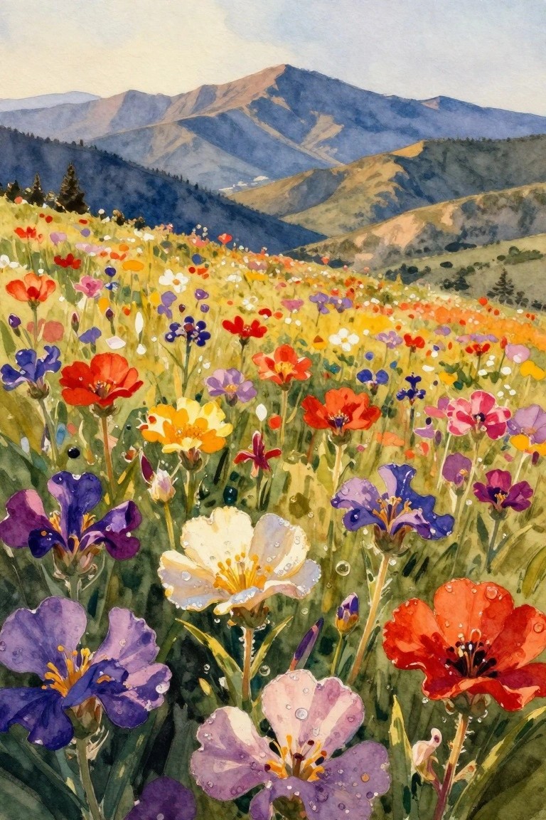 A watercolor painting shows a grassy hillside covered in red, purple, yellow, and white wildflowers with blue mountains rising in the background.