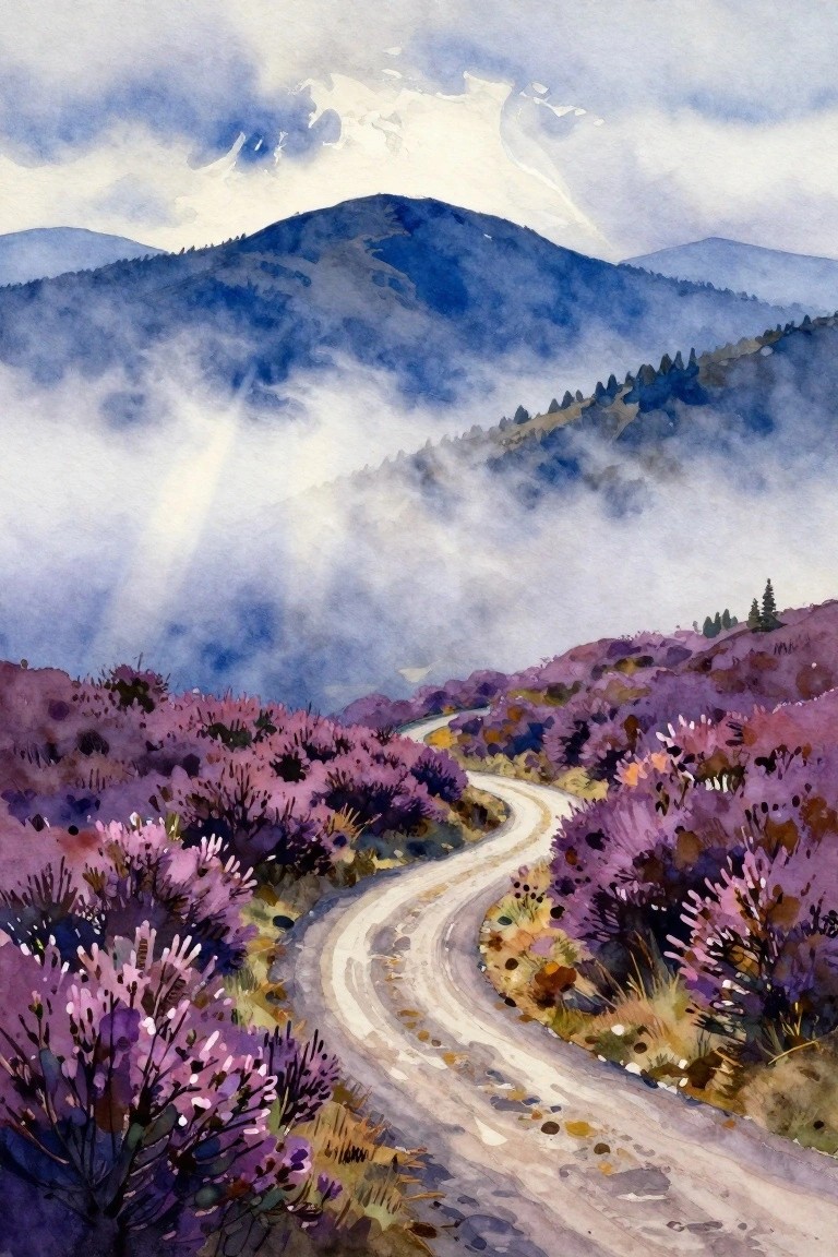 Winding path through purple blooms on misty mountain slopes in watercolor style