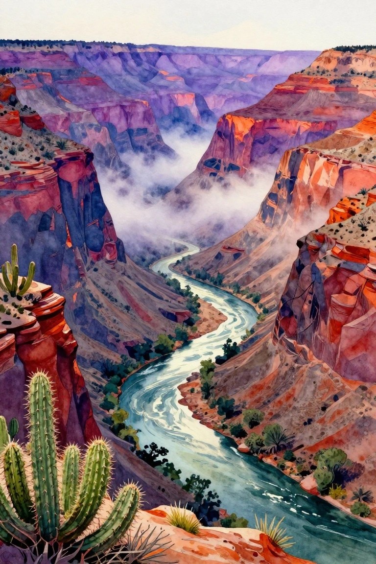 Watercolor of winding river through misty purple-orange canyon cliffs with foreground cacti