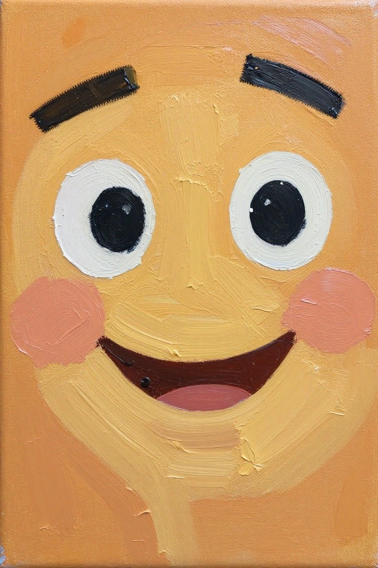 Impasto painting of a smiling cartoon face with large eyes and pink cheeks.
