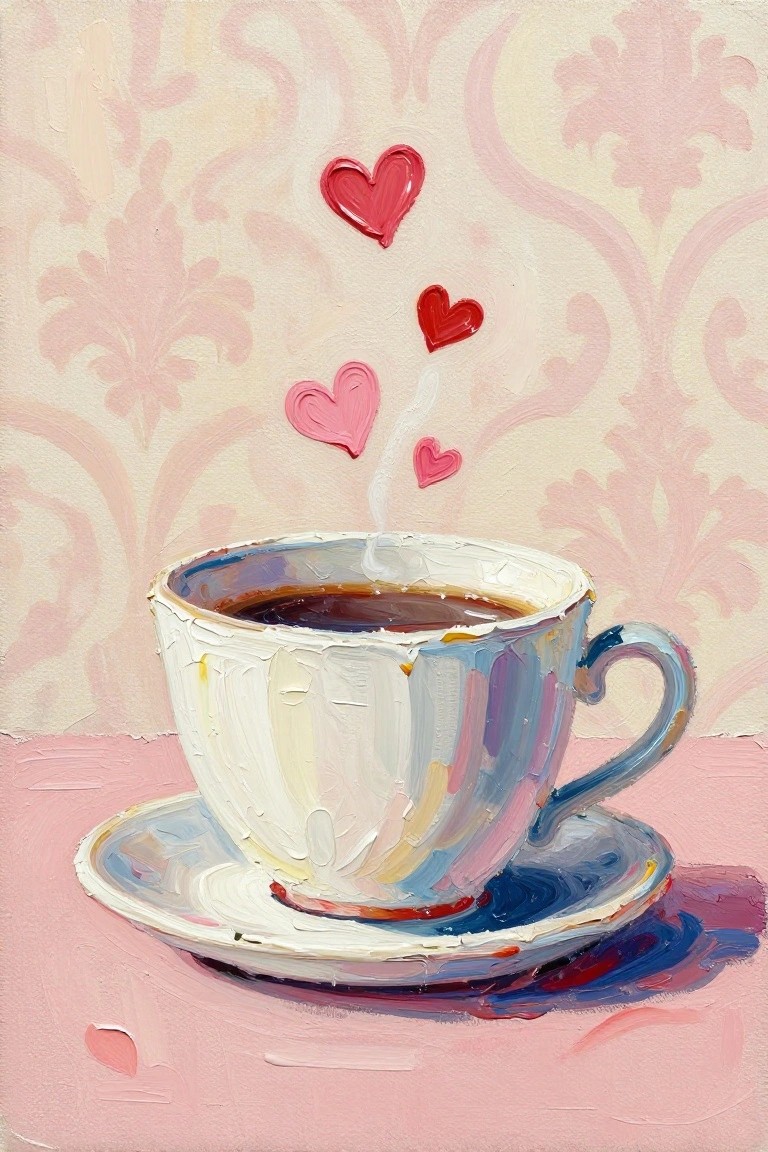 Colorful painted coffee cup with steam forming hearts above pink saucer and table