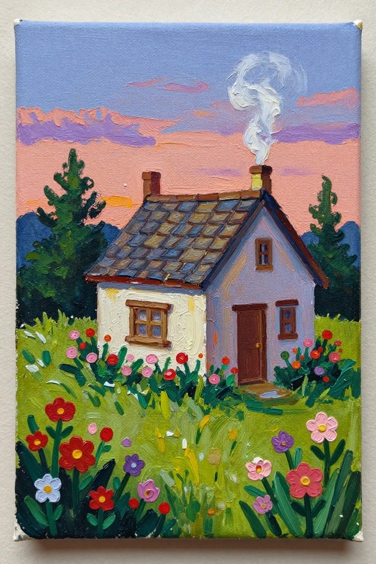 Vibrant painting of purple cottage with smoking chimney amid colorful flowers at sunset.