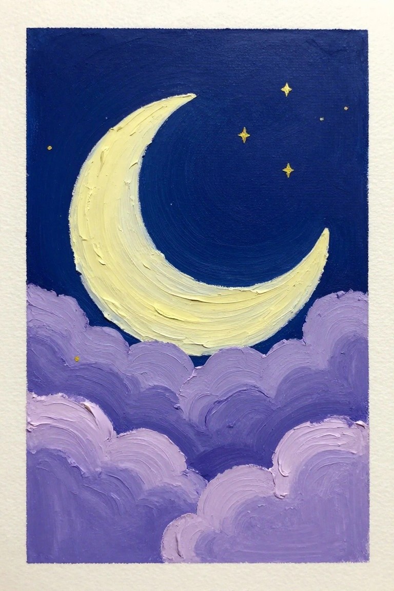 A small acrylic painting of a yellow crescent moon in a dark blue sky with yellow stars and purple clouds at the bottom.