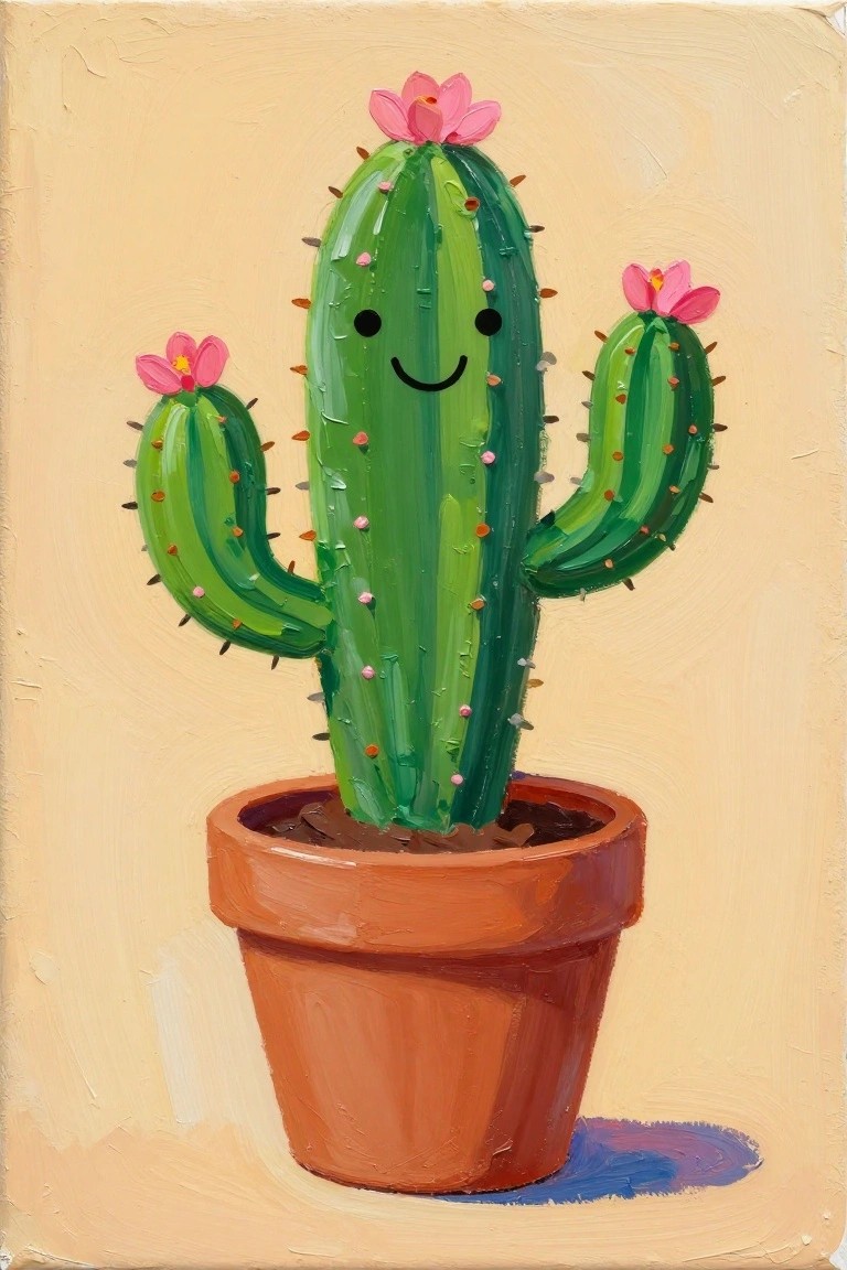 Smiling green cactus with pink flowers in terracotta pot, colorful painting style