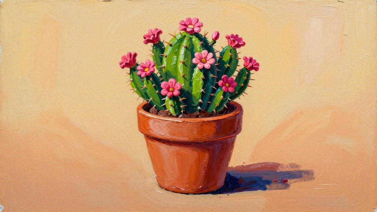 Smiling green cactus with pink flowers in terracotta pot, colorful painting style