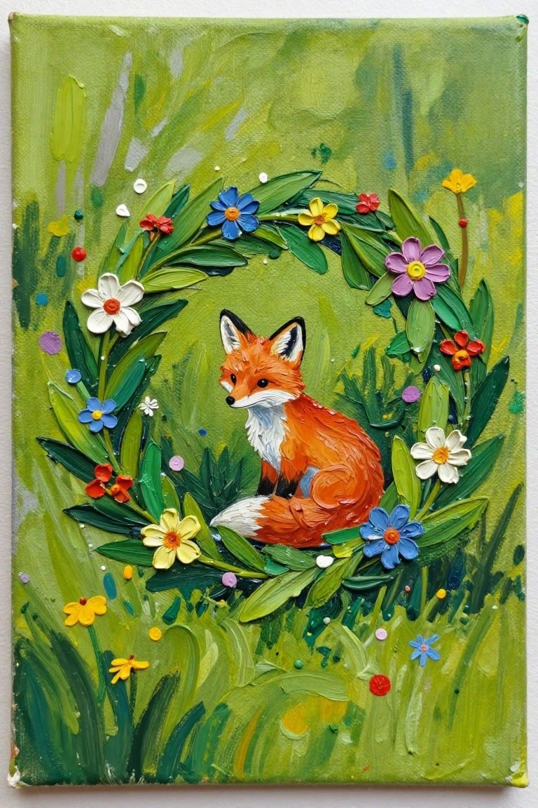 Orange fox centered in colorful floral wreath on textured green painting