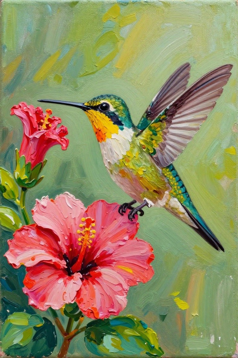Oil painting of colorful hummingbird by red hibiscus flowers on green background