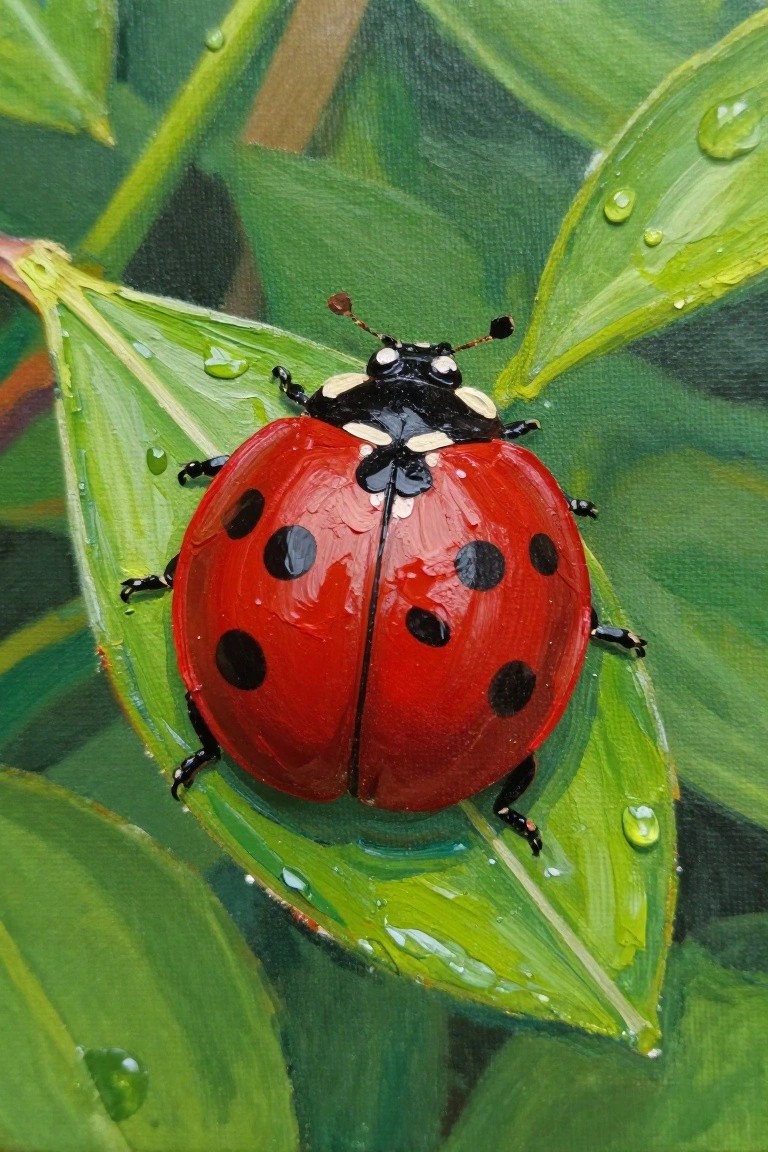 Red ladybug with black spots on dew-covered green leaves, vibrant oil painting style.