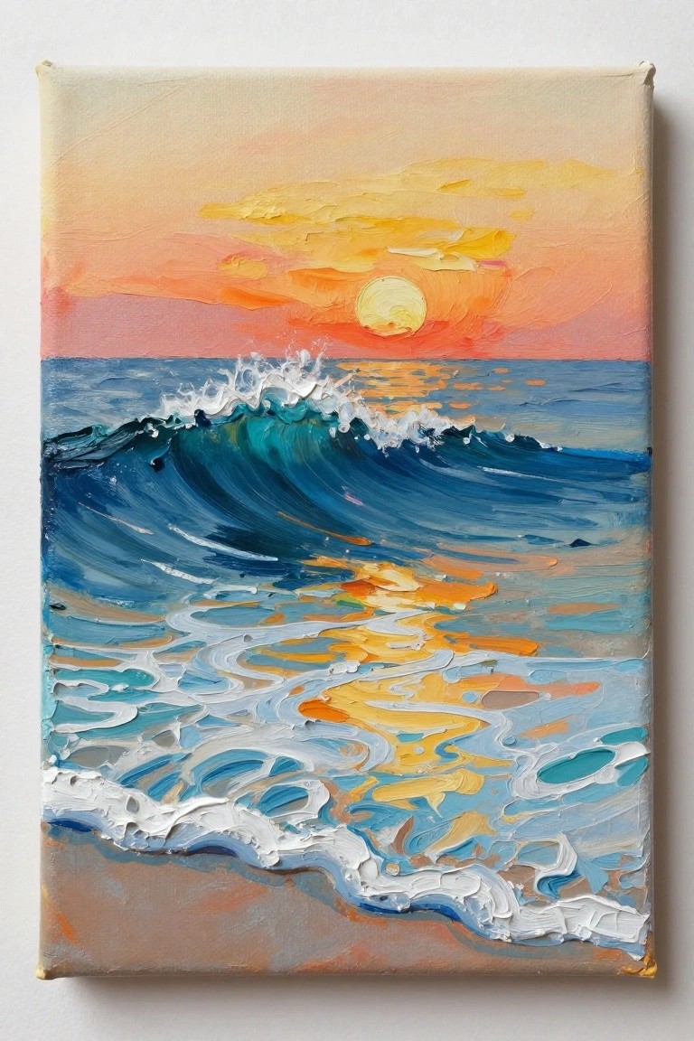 Impasto painting of foamy blue wave crashing under orange sunset sky over sea