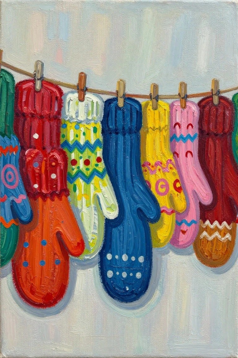 Colorful patterned mittens hanging on a clothesline secured by wooden clothespins