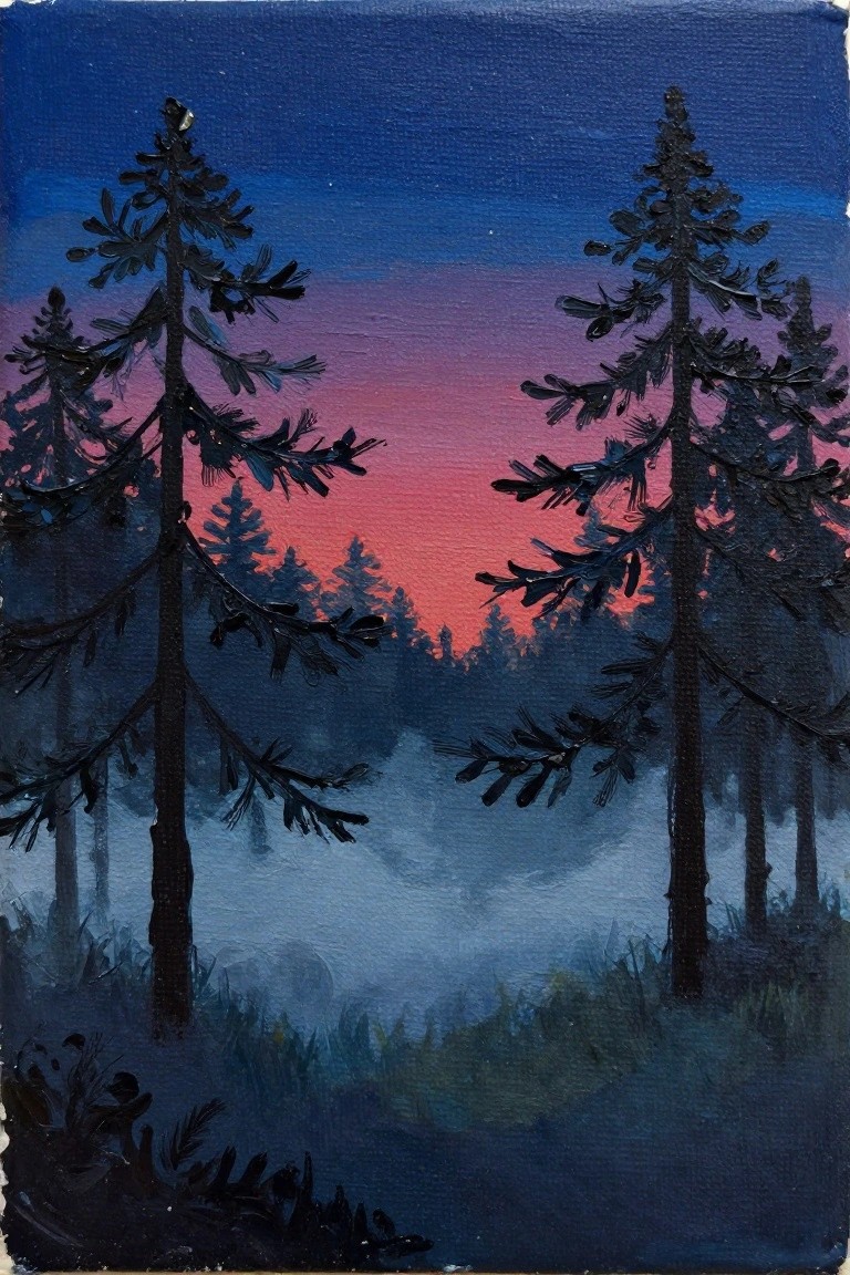 Tall silhouetted pines against pink-blue dusk sky over misty forest