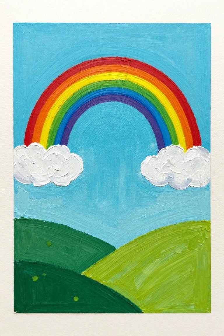 Thickly painted rainbow arches over rolling green hills with white clouds on blue sky.