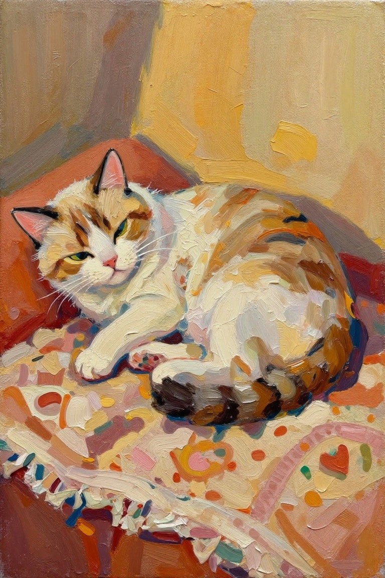Calico cat reclining on vibrant patterned blanket in expressive oil painting
