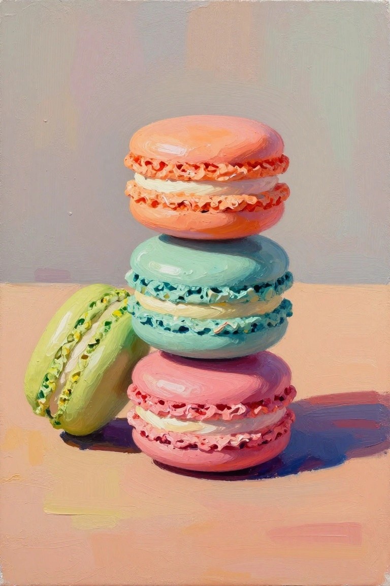 Stacked orange, teal, and pink macarons with split green one beside them
