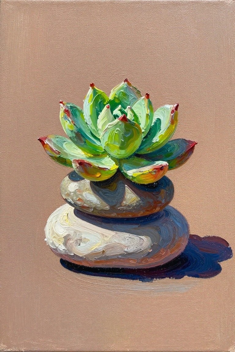 Green succulent with red tips atop stacked stones on beige background