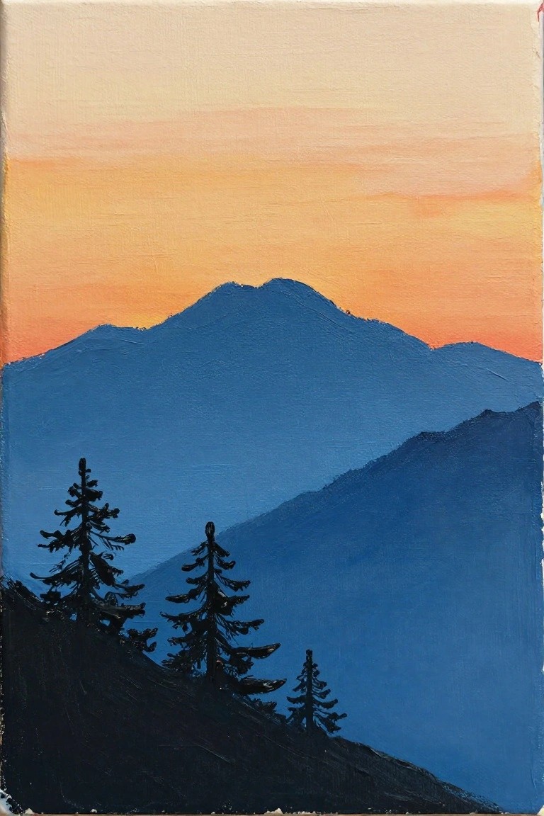 Acrylic painting of layered blue mountains under an orange and yellow gradient sky with dark pine tree silhouettes on a foreground hill.