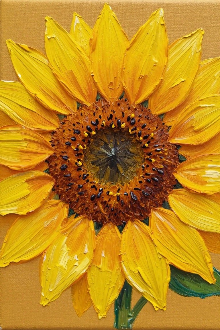 Thickly textured yellow sunflower with brown seed center and green stem on canvas