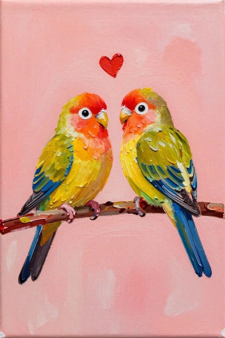 Two colorful parrots face each other on a branch beneath a red heart on pink.