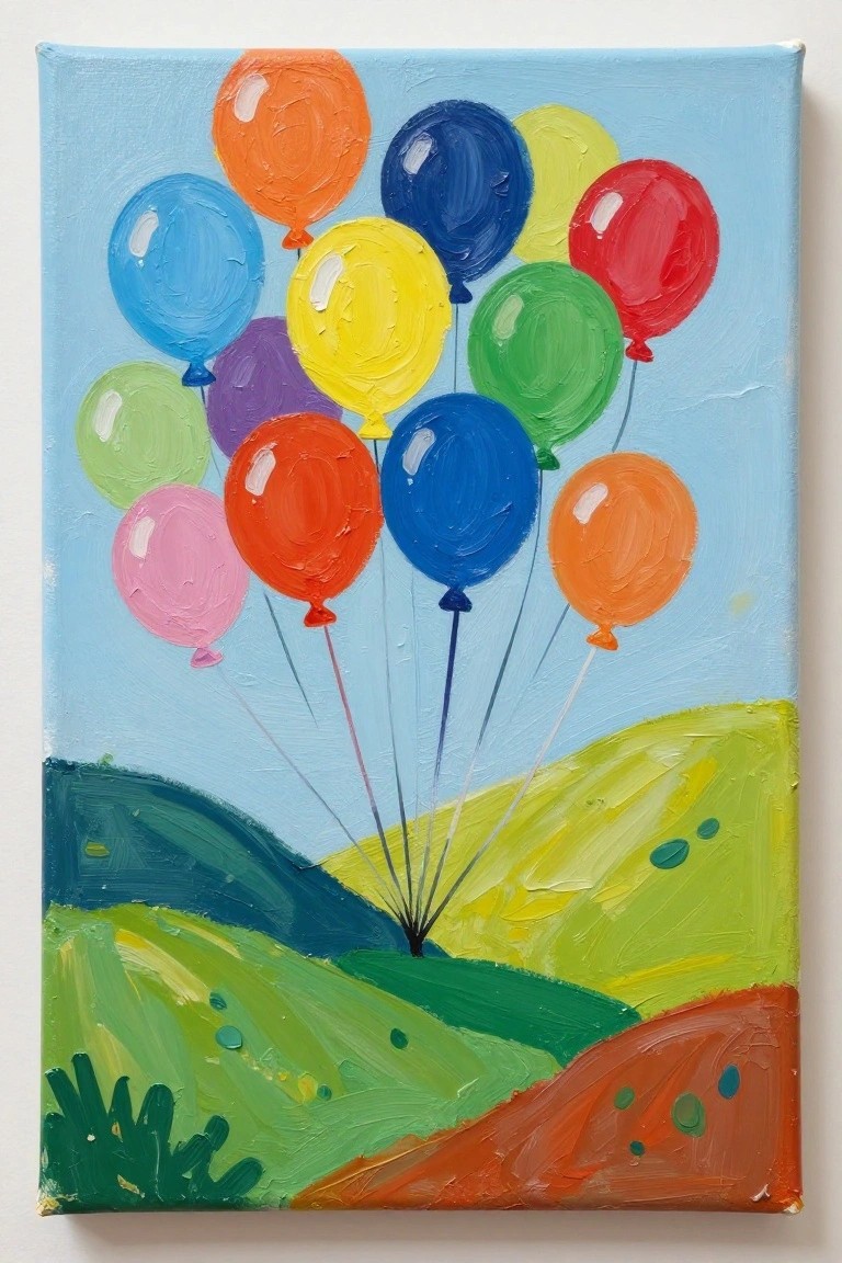 Colorful balloons floating above rolling green and yellow hills in a painting.