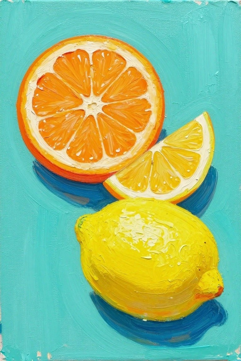 A painting of a sliced orange, a lemon wedge, and a whole lemon on a turquoise background.