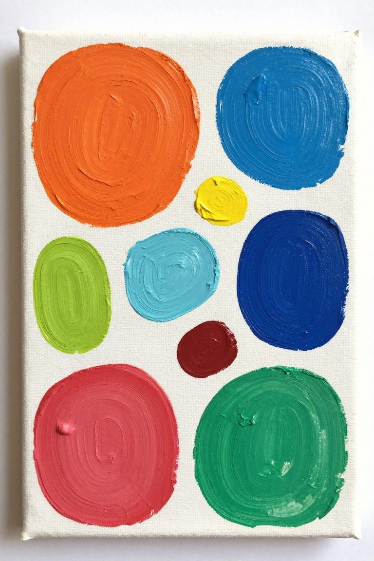 Abstract painting of various sized colorful circles on white canvas
