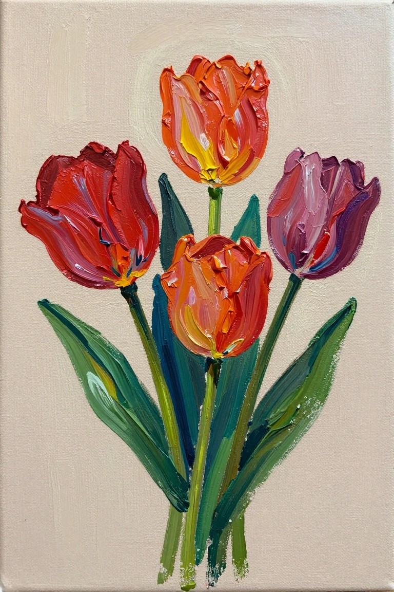 Impasto painting of five vibrant tulips in red, orange, and purple with green leaves.