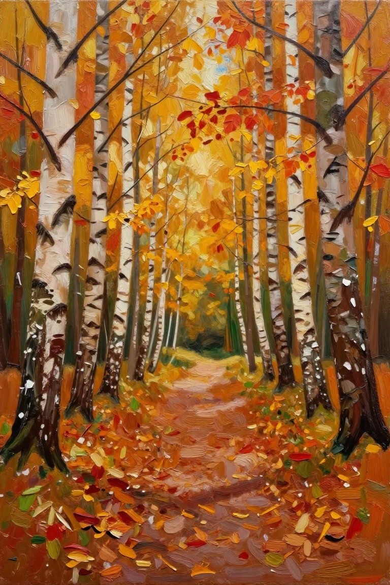Vibrant autumn birch forest path covered in colorful fallen leaves painting
