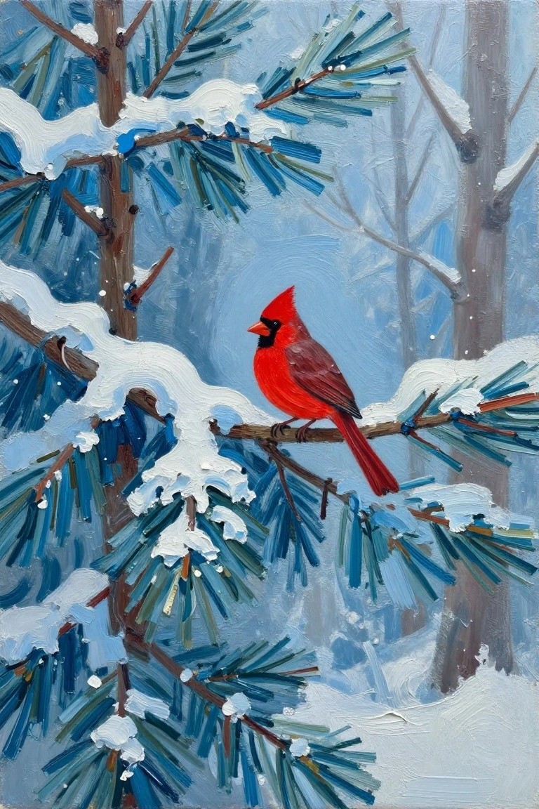 Red cardinal perched on snow-covered pine branch in wintry blue forest painting