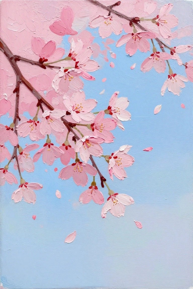 Pink cherry blossoms on branches with falling petals against blue sky painting