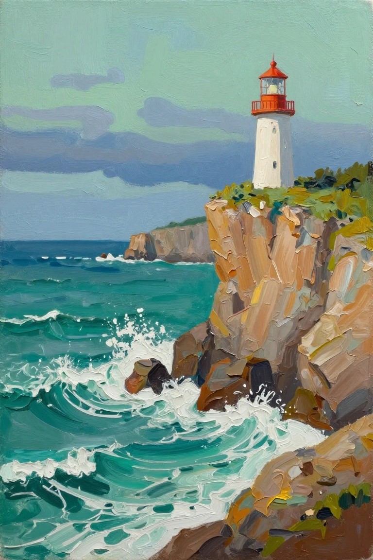 Oil painting of white lighthouse with red top on rocky cliff above crashing turquoise waves