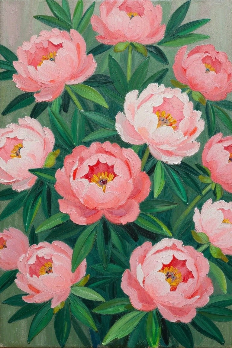 Pink peonies with yellow centers and lush green leaves in oil painting style.