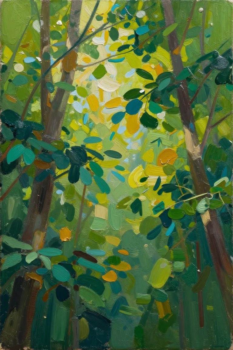 Thickly painted forest scene with green yellow blue leaves and brown trunks.