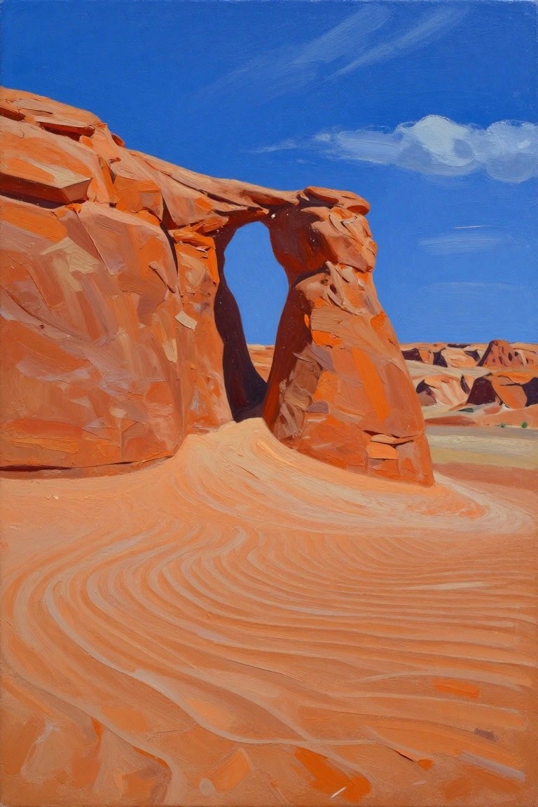 Thickly painted desert scene with orange rock arch and rippled sand under blue sky