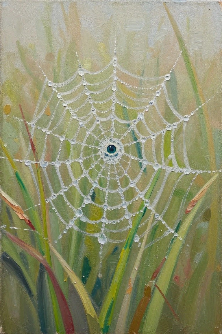 Dew-covered spider web with blue eye at center amid tall grass painting