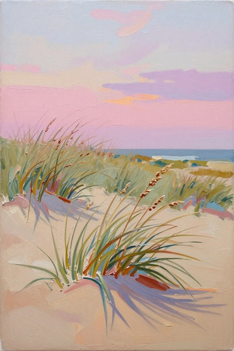 Vibrant sunset painting of dune grasses casting shadows on sandy beach by the sea