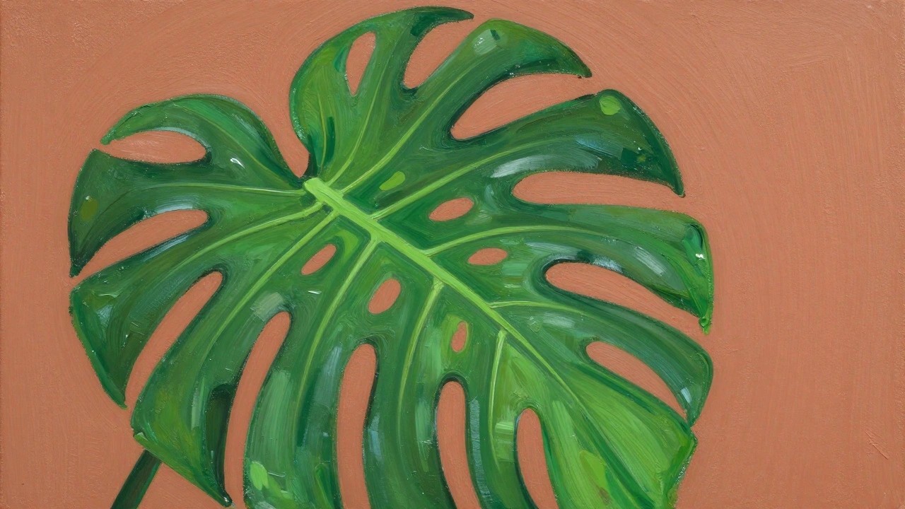Textured green monstera leaf painting with water droplets on coral background.