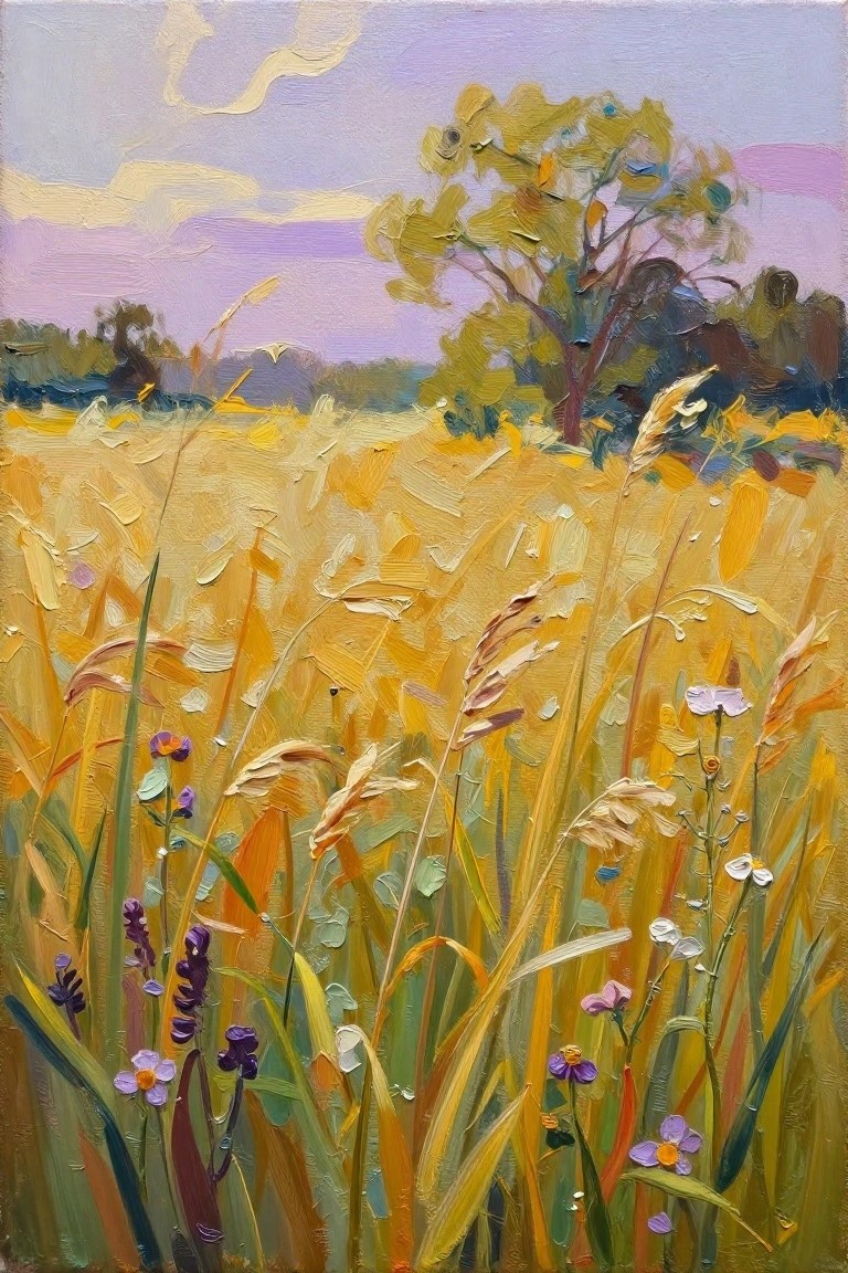 Impressionistic oil painting of golden wheat field with wildflowers under purple sky