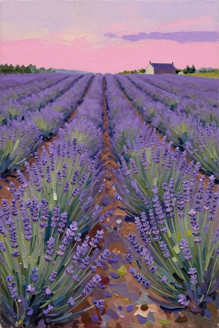 Purple lavender rows stretch toward a distant house beneath a pink sunset sky.