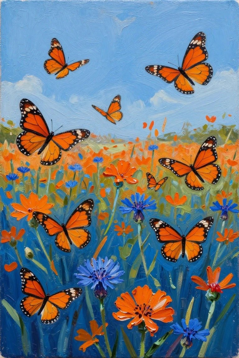 Vibrant painting of orange monarch butterflies over colorful wildflowers under blue sky.