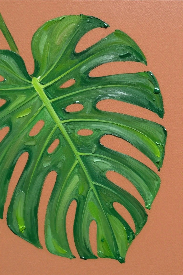 Textured green monstera leaf painting with water droplets on coral background.